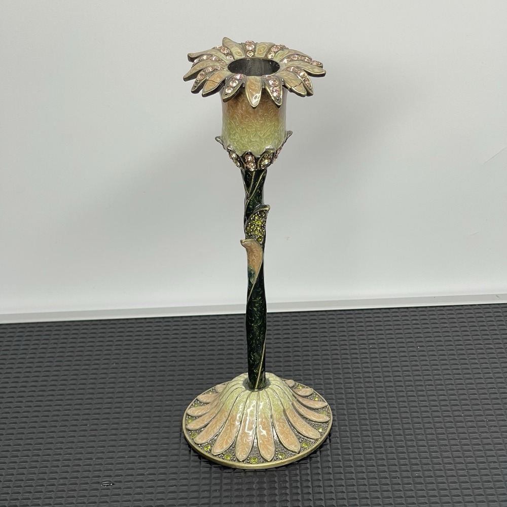 Vintage Enamel Solid Metal Candle Holder Candlestick Art Nouveau Floral Jeweled